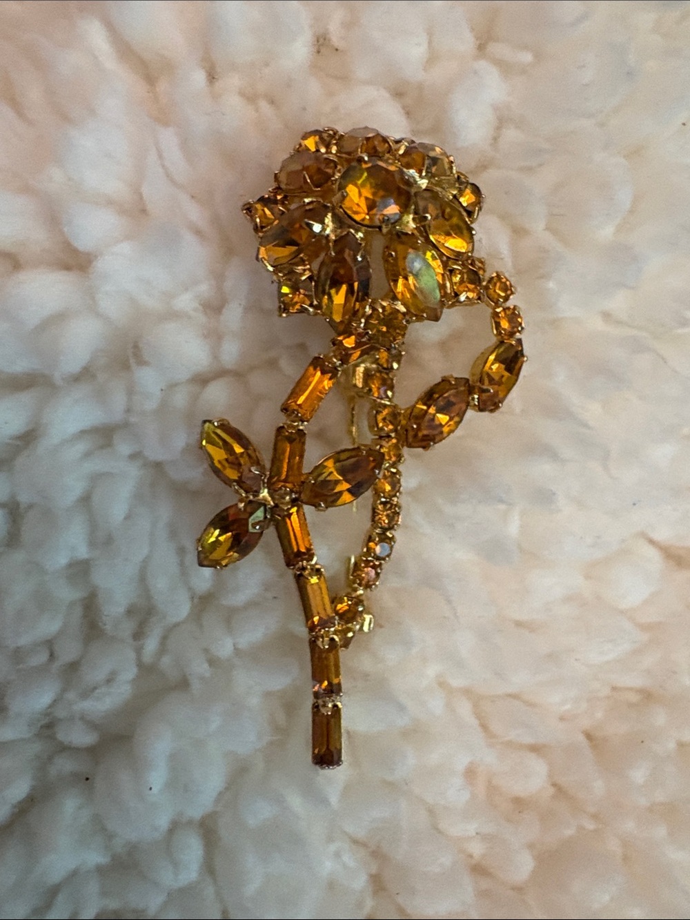 Amber Prong Set Crystal Floral Brooch - Women Jewelry Vintage Goldtone
